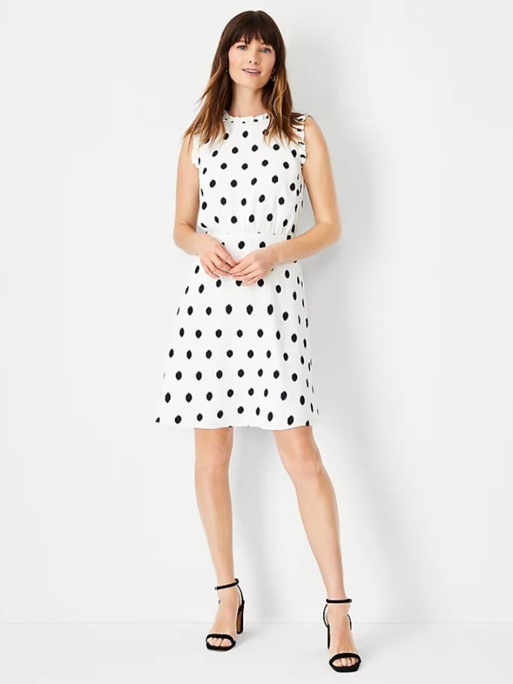 NWT Ann Taylor Size 18 Black White Ruffle Neck Modern Polka Dot Mini Dress NEW